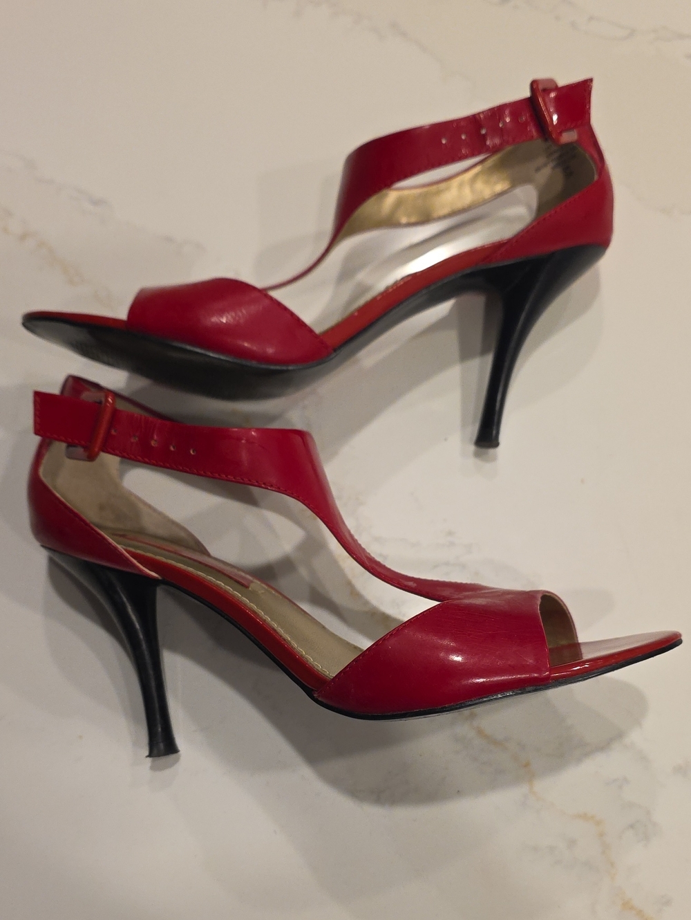 Bandolino Red Patent T-Strap Open-Toe Heels with Ankle Buckle - Picture 2 of 5